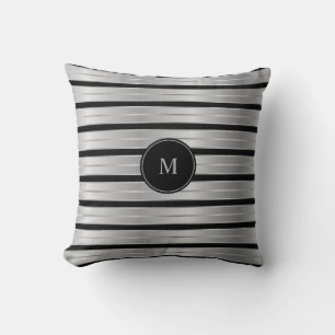 Almofada Monograma De Prata Elegante E Stripes Negras