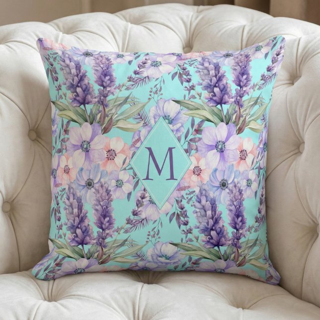 Almofada Monograma de Primavera Floral de Turquesa (Criador carregado)