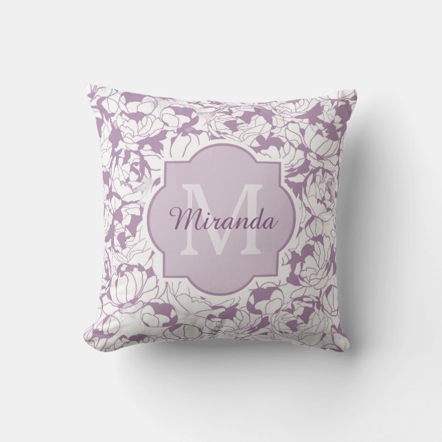 Almofada Monograma De Rapariga Floral Roxo Moderno Com Nome (Frente)