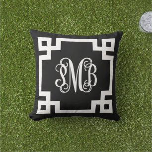 Almofada Monograma de Script de Chave Grego Preto e Branco 