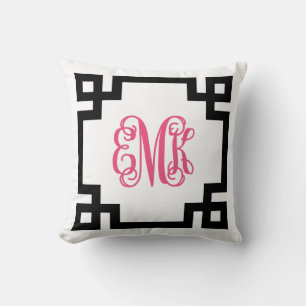 Almofada Monograma de Script de Chave Grego Preto e Rosa Qu