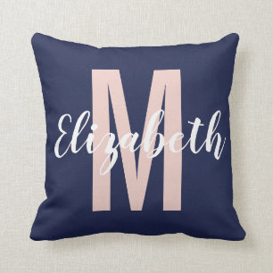 Almofada Monograma de Script de Mão Rosa Cor-de-Rosa Azul c