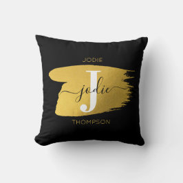Almofada Monograma de Script Preto e Dourado Moderno Inicia