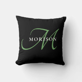 Almofada Monograma de Script Verde Preto Moderno Elegante