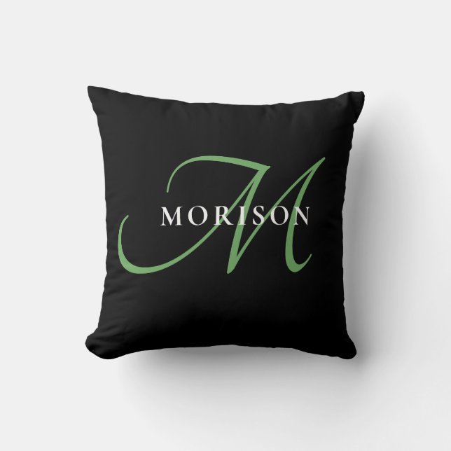 Almofada Monograma de Script Verde Preto Moderno Elegante (Frente)