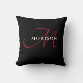 Almofada Monograma de Script Vermelho Preto Moderno Elegant