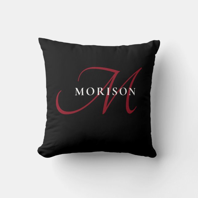 Almofada Monograma de Script Vermelho Preto Moderno Elegant (Frente)