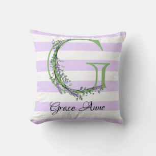 Almofada Monograma de tiras brancas, púrpuras, lavanda