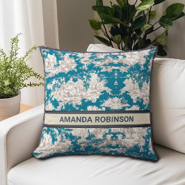 Almofada Monograma de Torquoise Azul de Jouy