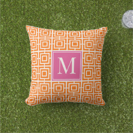 Almofada Monograma de Treliça Quadrada Preppy Rosa Quente e