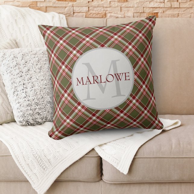Almofada Monograma de Xadrez Clássica Verde Vermelho Vintag (Vintage Red Green Classic Plaid Monogram Custom Throw Pillow)