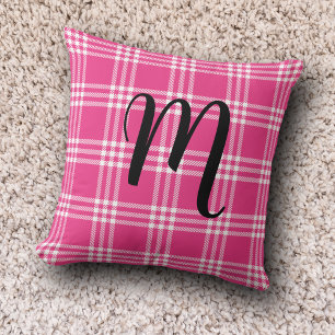 Almofada Monograma de Xadrez rosa-branca Tartan