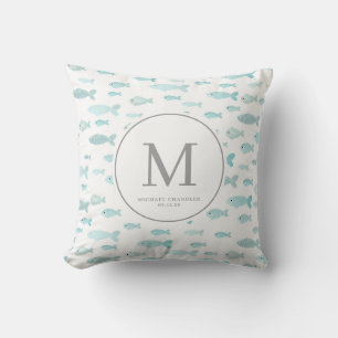 Almofada Monograma do Baby Boy do Fish Watercolor Azul