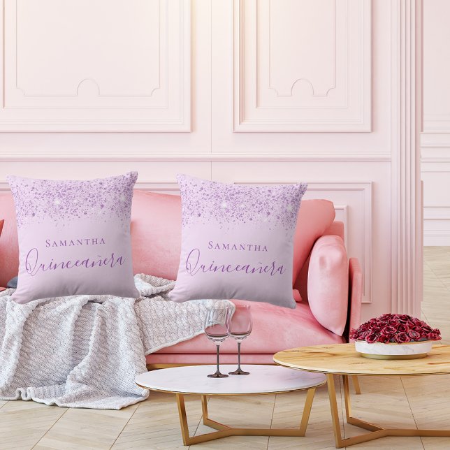 Almofada Monograma do brilho púrpura da Quinceanera (Criador carregado)