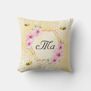 Almofada Monograma do casal floral amarelo de abelhas