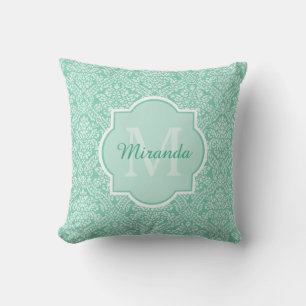 Almofada Monograma do Damasco Verde na moda Mint com Nome