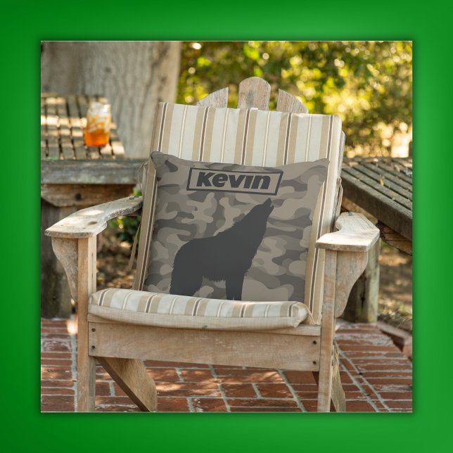 Almofada Monograma do Lobo Preto Moderno Brown Camo | (Criador carregado)