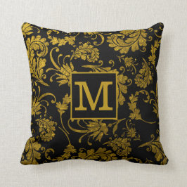 Almofada Monograma Do Nome Da Família Damask Preto E Dourad