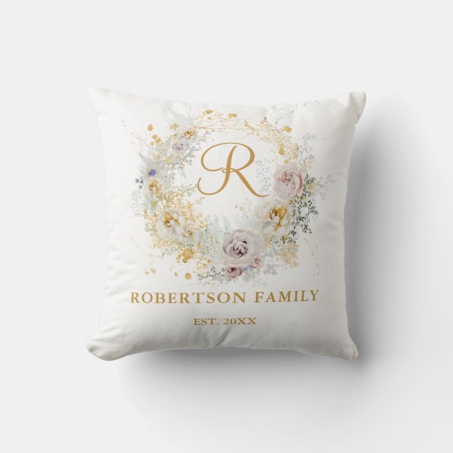 Almofada Monograma do Nome da Família Floral Dourada (Frente)