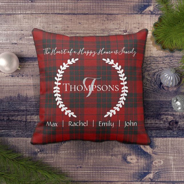 Almofada Monograma do Nome da Família Personalizada Red Bla (Criador carregado)