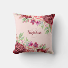Almofada Monograma do Nome Floral Blush Burgundy