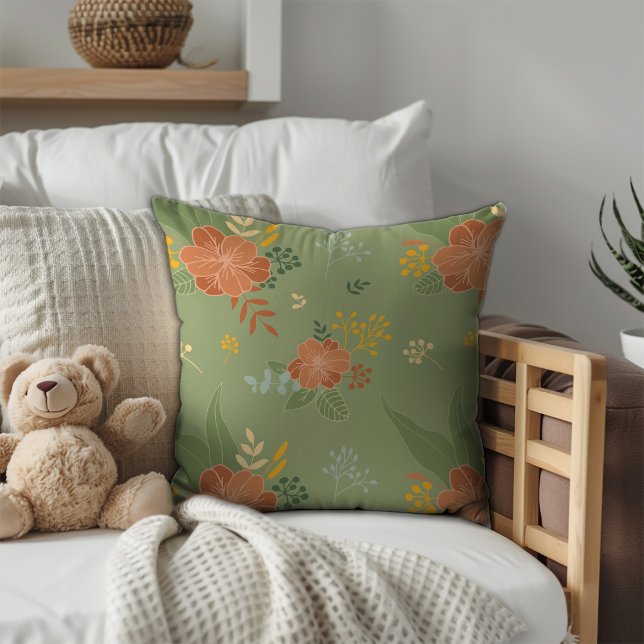 Almofada Monograma do padrão floral da horta verde pastel (Criador carregado)