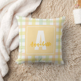 Almofada Monograma do Pastel Gingham Gingham verde-laranja 