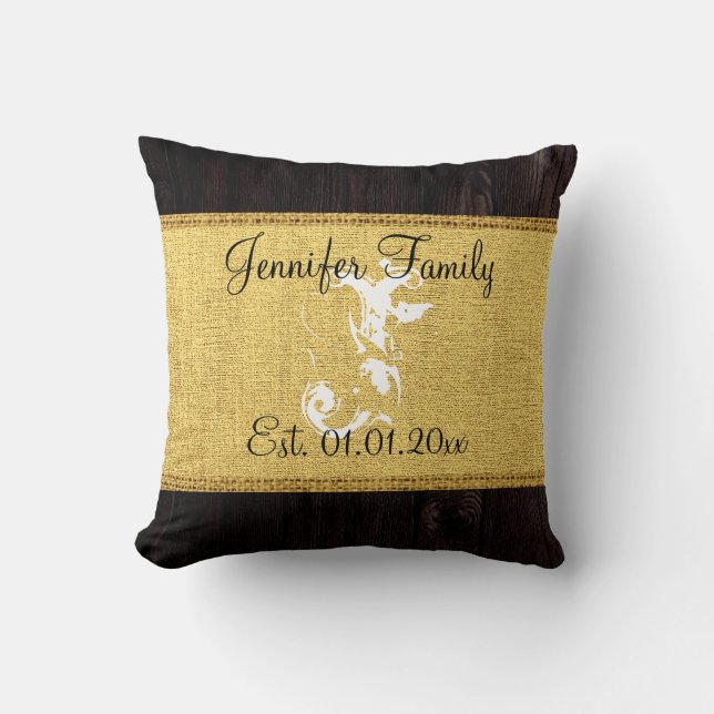 Almofada Monograma Dourado Burlap Linen Wood Look (Frente)