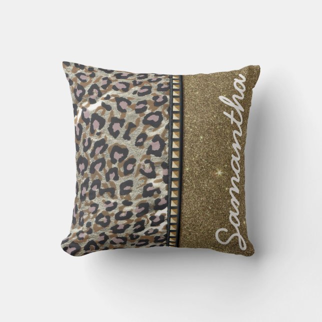 Almofada Monograma Dourado do brilho e do leopardo (Frente)