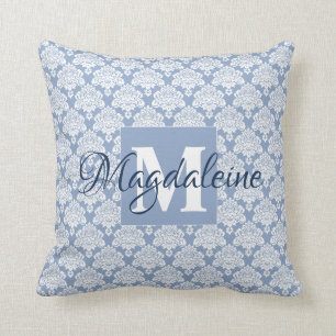 Almofada Monograma e nome do Damasco Azul Elegante