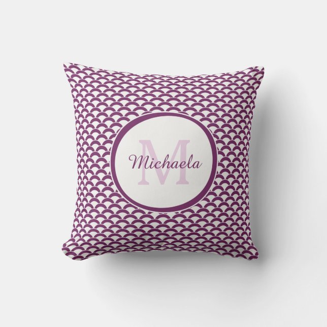 Almofada Monograma e Nome Modernos em Roxo e Branco com Con (Frente)