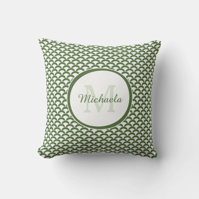 Almofada Monograma e Nome Modernos em Verde e Branco com Vi (Frente)