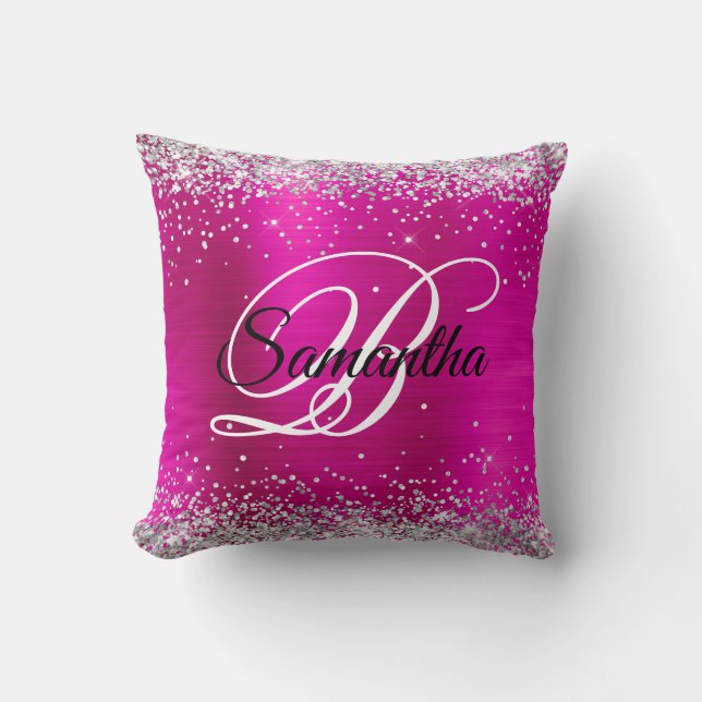 Almofada Monograma Elegante com Brilho Prateado e Rosa Quen (Frente)