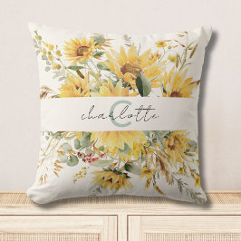 Almofada Monograma Elegante Cores de água Buquê de girassol