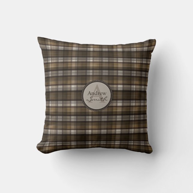 Almofada Monograma elegante da xadrez de Café-Brown (Frente)