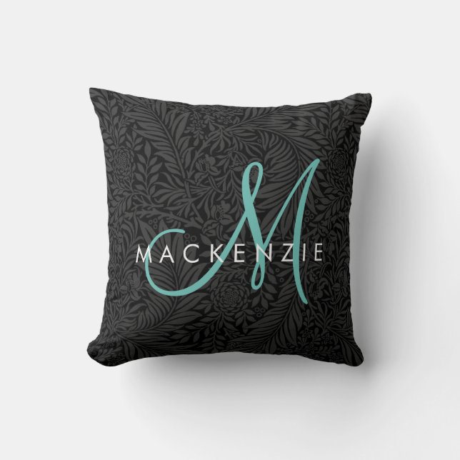Almofada Monograma Elegante em Preto com Floral em Azul Tea (Frente)