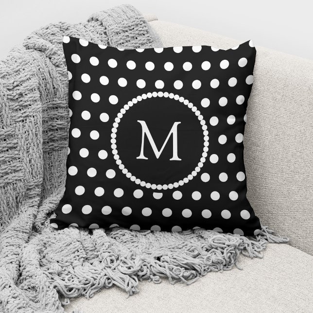 Almofada Monograma Elegante Preto Branco Pontos Polka (Criador carregado)