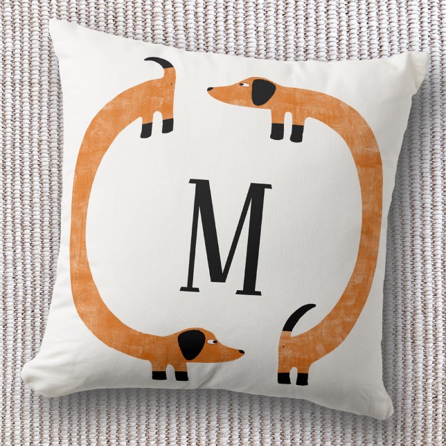 Almofada Monograma engraçado do cachorro salsicha Dachshund (Fun Dachshund wiener dog personalized monogram initial throw pillow)