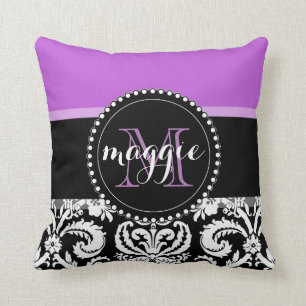 Almofada Monograma feminino do damasco preto roxo