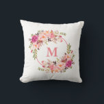 Almofada Monograma Floral Cor-de-Água Rosa<br><div class="desc">Travesseiro de Monograma Floral Cor de Água Elegante Rosa</div>
