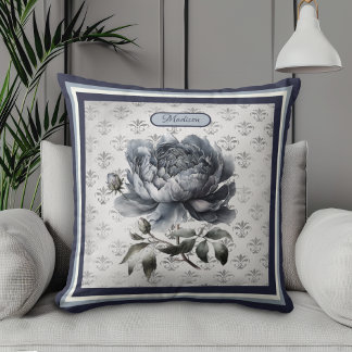Almofada Monograma floral de chinoiserie azul