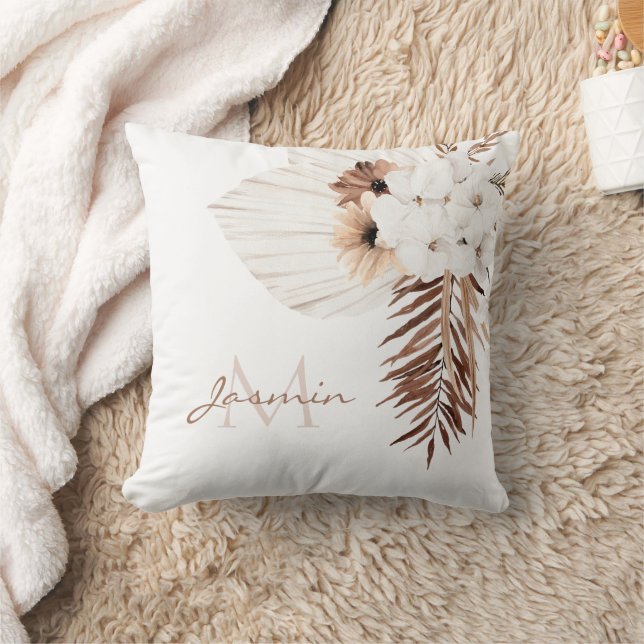 Almofada Monograma Floral de Grama Pampas Boho Rústico (Cobertor)