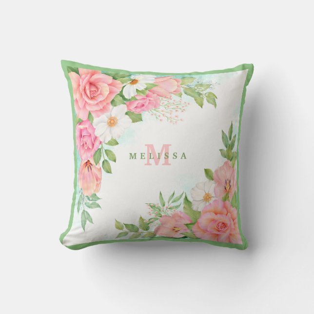 Almofada Monograma Floral de Greenery com Rosa Rosa em Aqua (Frente)