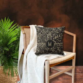 Almofada Monograma Floral de Prata Negra Elegante