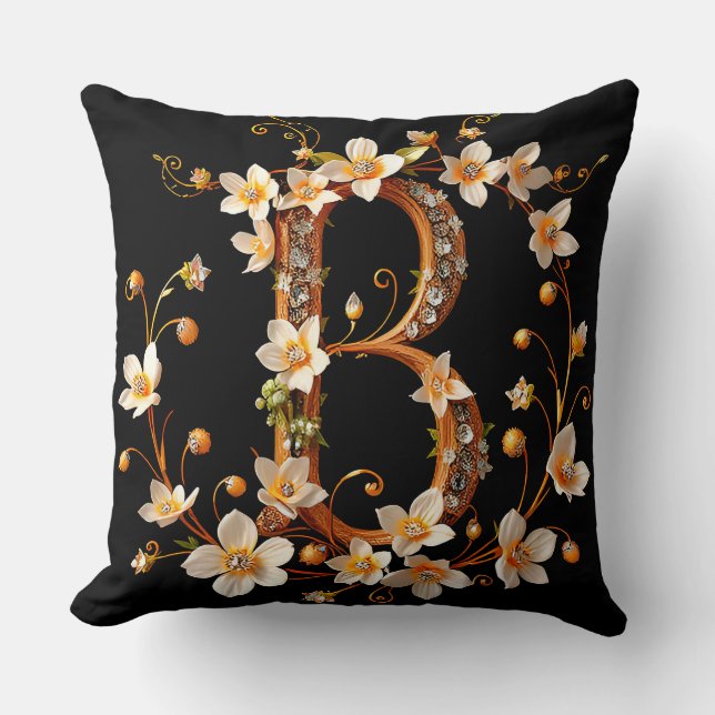 Almofada Monograma Floral Elegante B com Design Intricado (Frente)