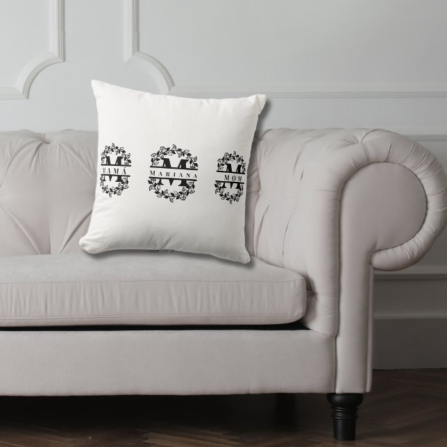 Almofada Monograma Floral Elegante com Texto: MOM MAMÁ & Na (Mother's day monogram bilingual throw pillow, mama mom & name customizable multilingual project)
