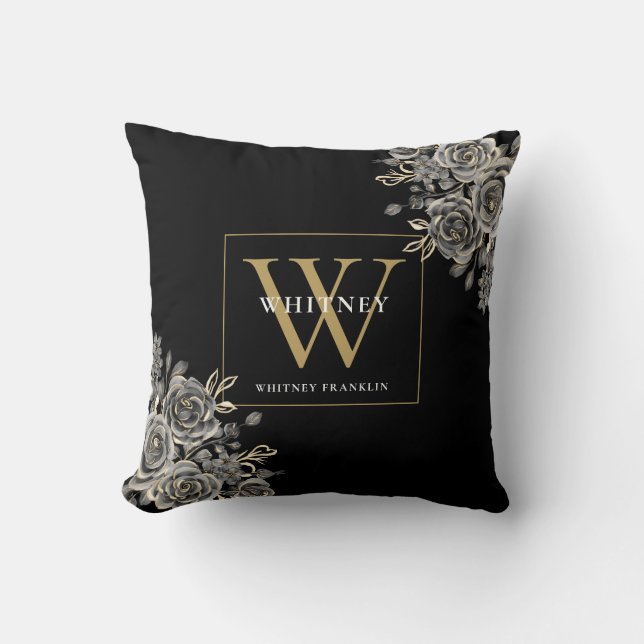 Almofada Monograma Floral Personalizado Preto e Dourado (Frente)