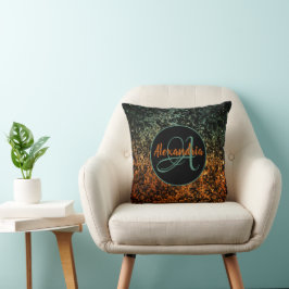 Almofada Monograma Floral Preto Laranja e Verde