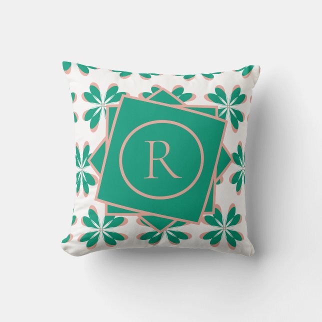 Almofada Monograma Floral Retro Verde (Frente)