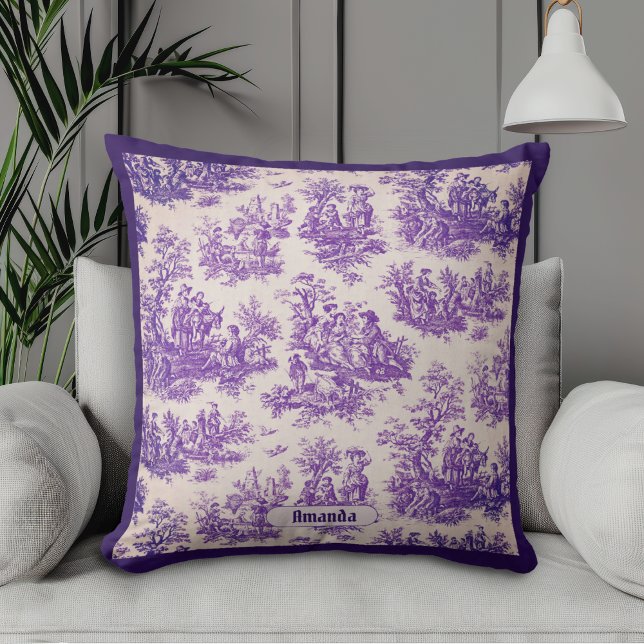 Almofada Monograma floral roxo de jouy (Criador carregado)